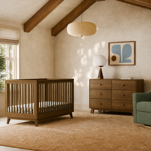 Cuna de madera en una habitación infantil luminosa